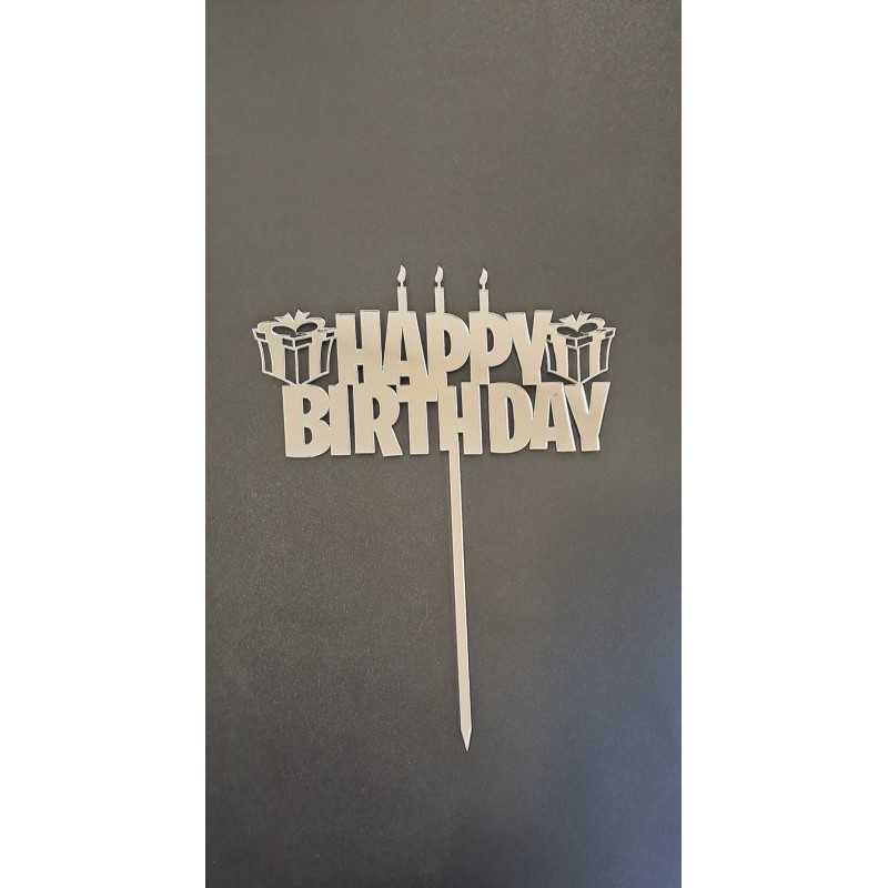 BH Topper Happy birthday srebreni natpis sa poklončićima