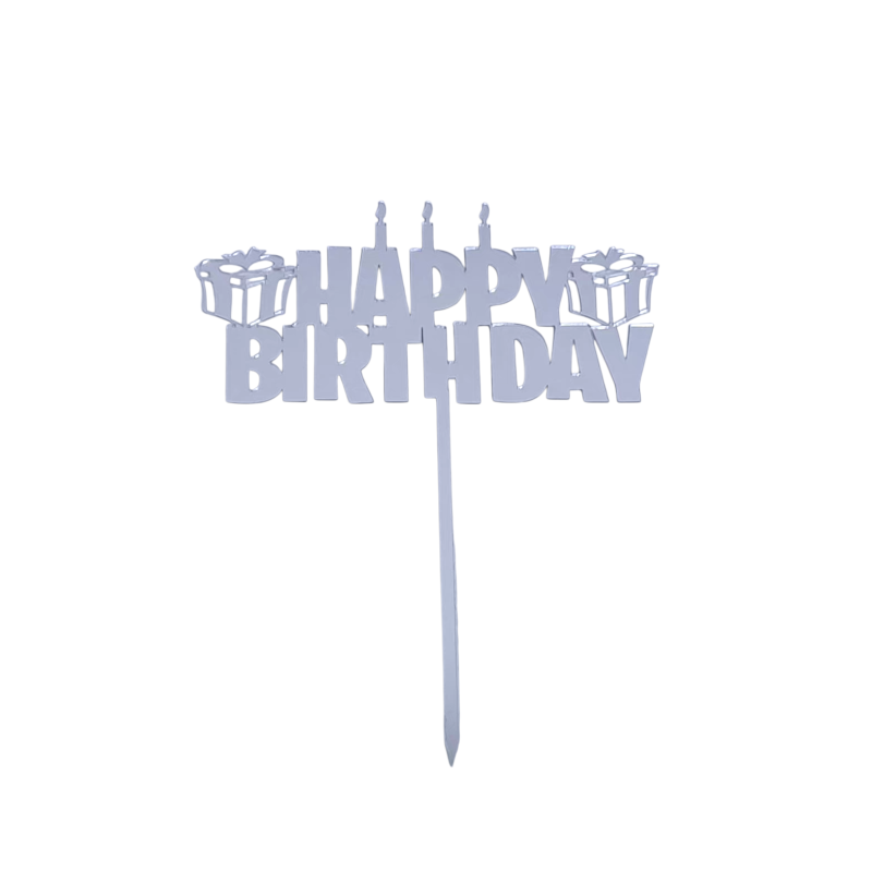 BH Topper Happy birthday srebreni natpis sa poklončićima