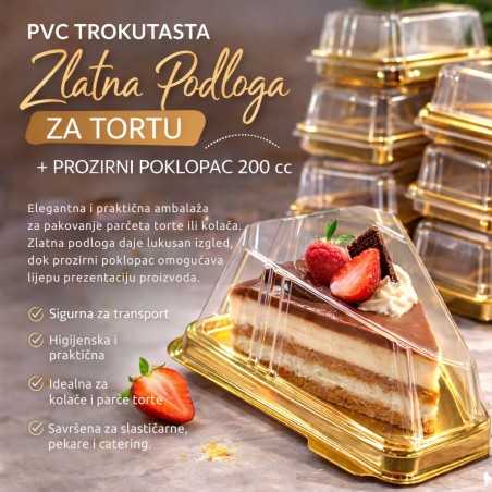PVC trokutasta zlatna podloga za tortu + prozirni poklopac 200 cc