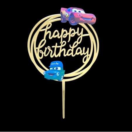 Topper Happy Birthday zlatni krug sa autićem